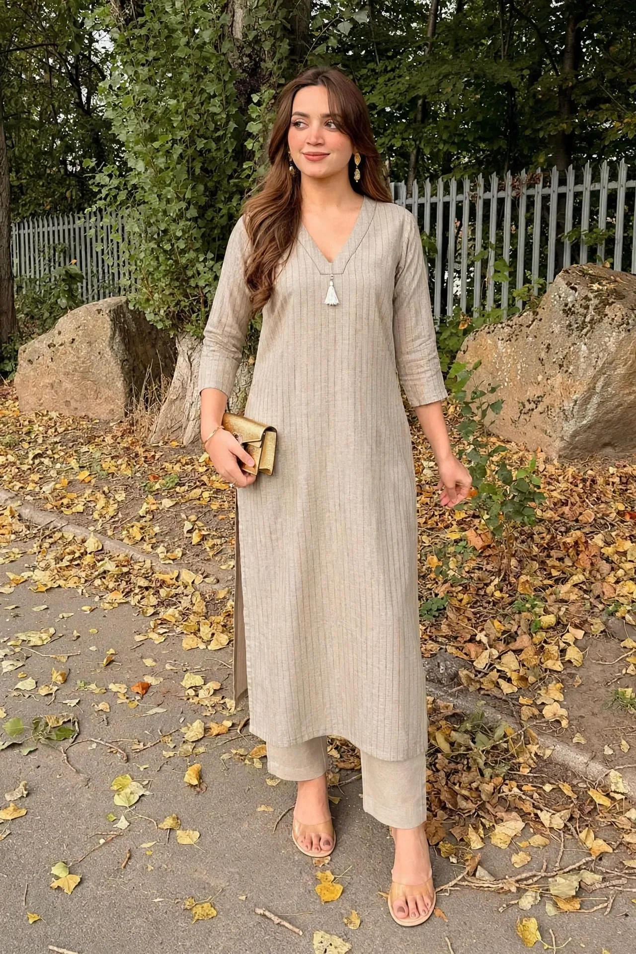 Premium Beige Textured Straight Cotton Kurti (S)