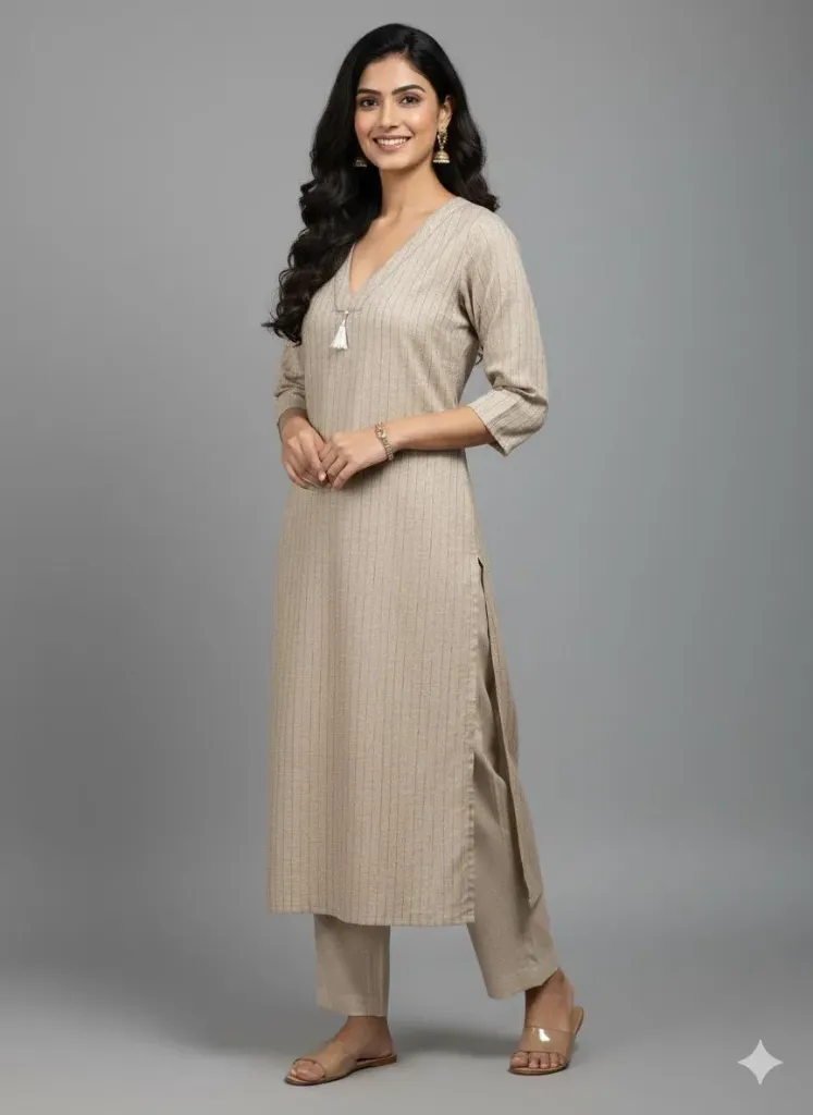 Premium Beige Textured Straight Cotton Kurti (S)