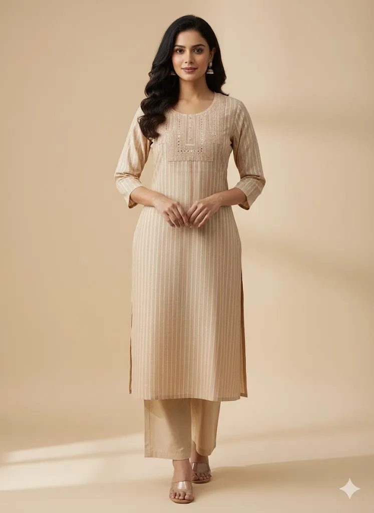 Elegant Beige Striped Cotton Single Kurti (S)