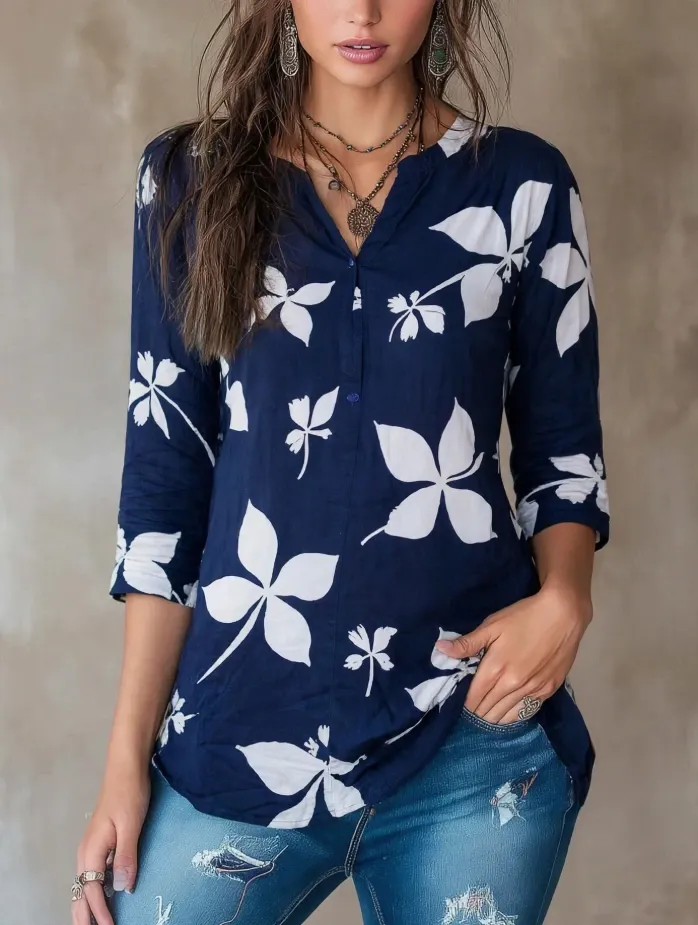 Navy Blue Floral Printed Tunic Top — Casual Chic Comfort