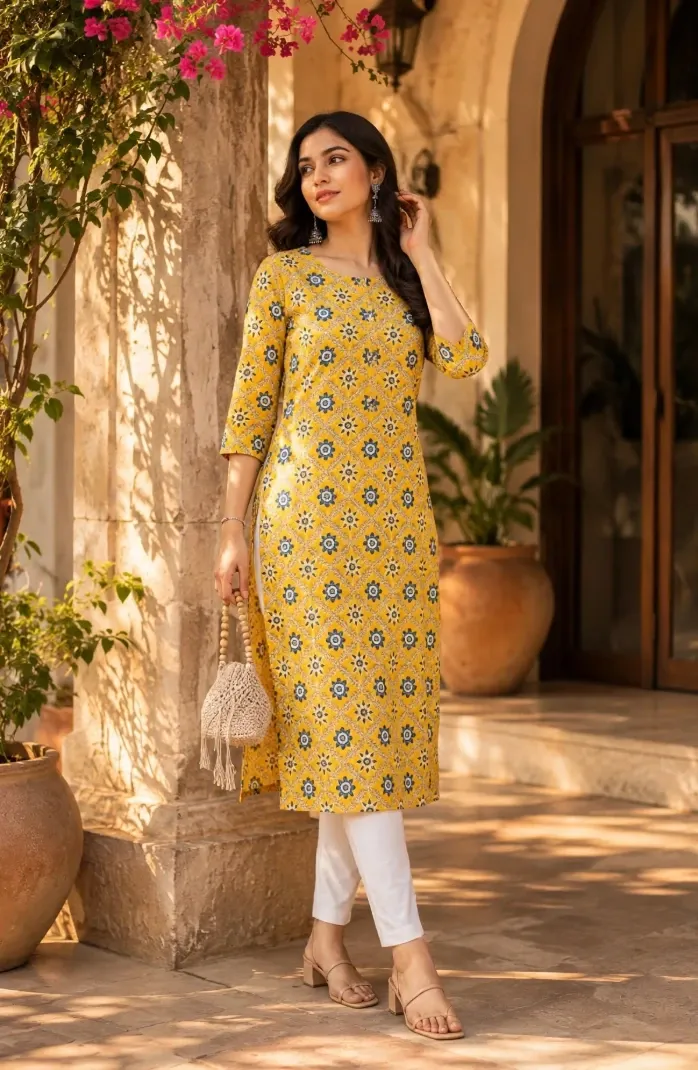 Sunshine Yellow Printed Kurta — Classic Everyday Elegance