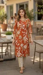 Rust Floral Luxe Cotton Straight Kurti