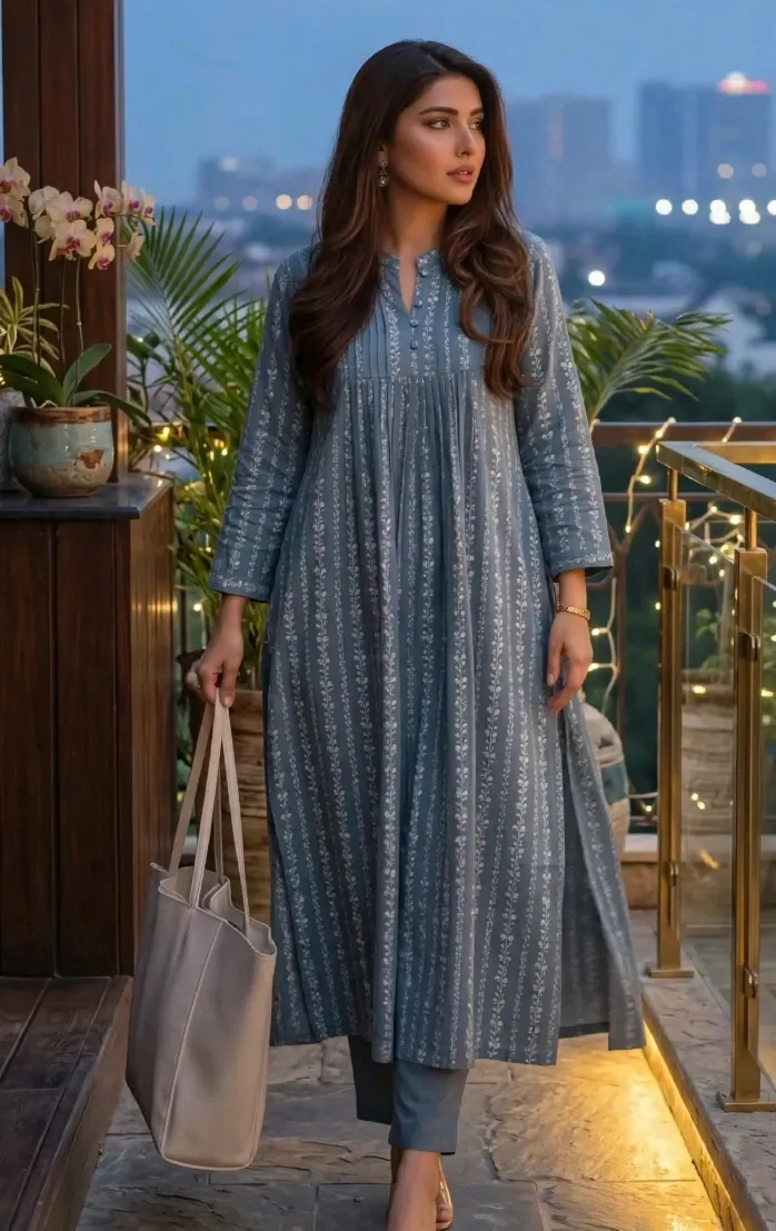 Steel Blue Printed Anarkali Kurta — Graceful Ethnic Flow