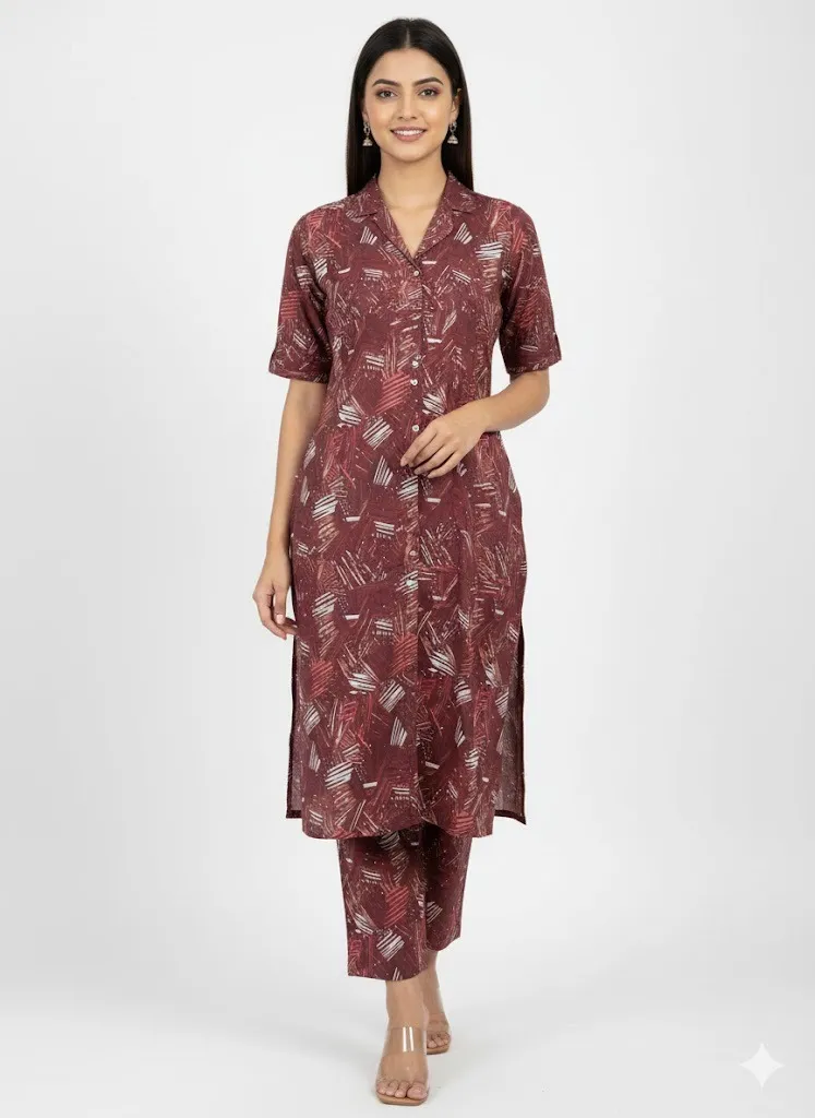 Maroon Abstract Print Shirt Style Kurta Set — Modern Everyday Elegance (S)
