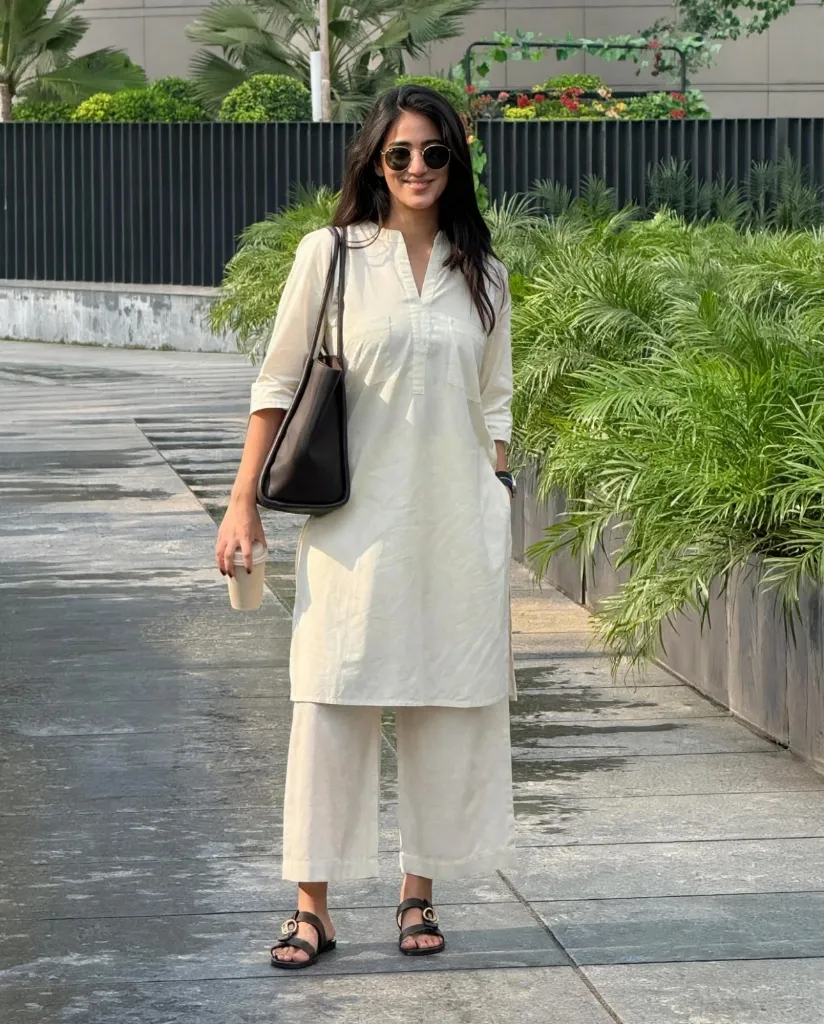 Ivory Solid Kurta & Palazzo Set — Minimal Office Elegance (S)