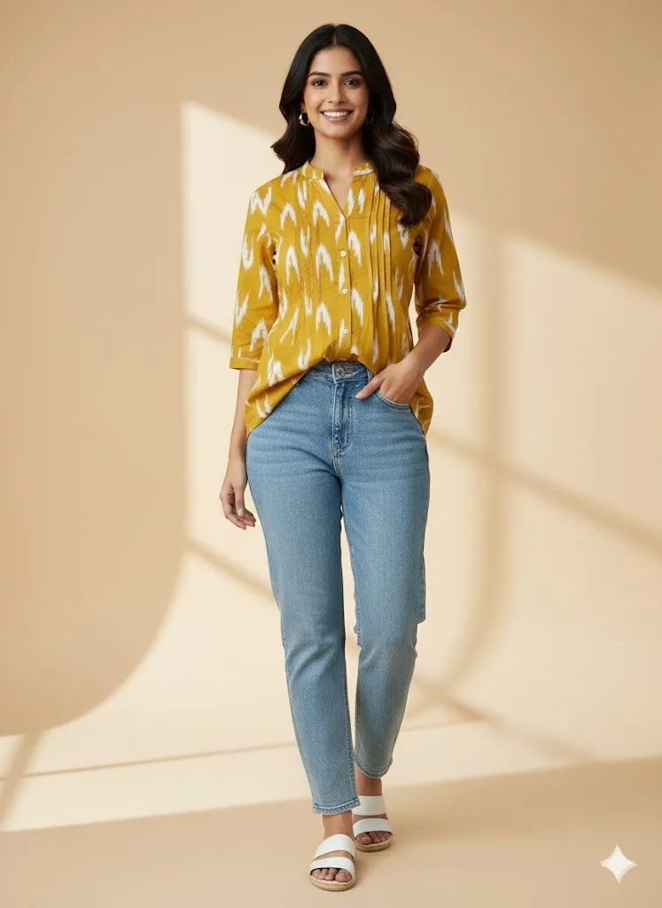 Women's Mustard Yellow Ikat Print Cotton ShirtKey