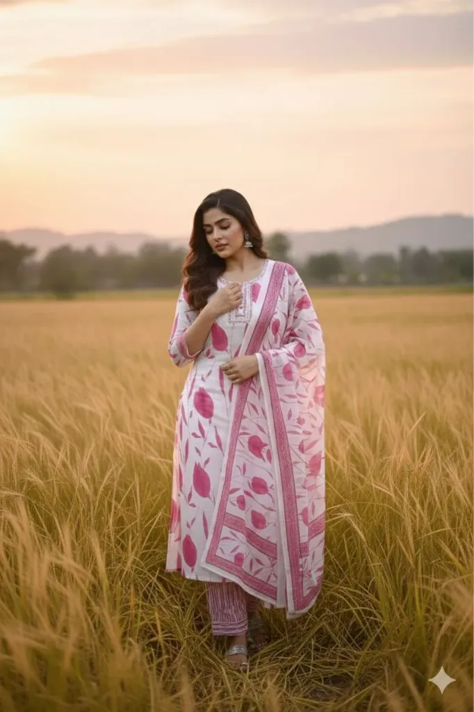Azure Elegance Premium Printed Cotton 3-Piece Suit Set