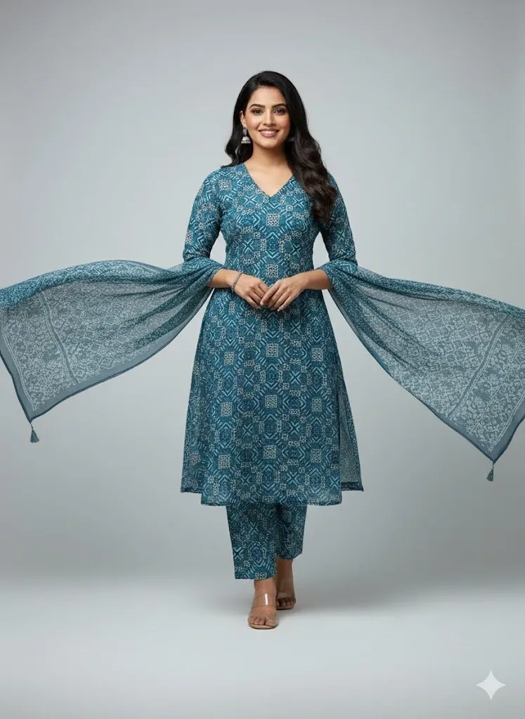 Azure Elegance Premium Printed Cotton 3-Piece Suit Set (38)