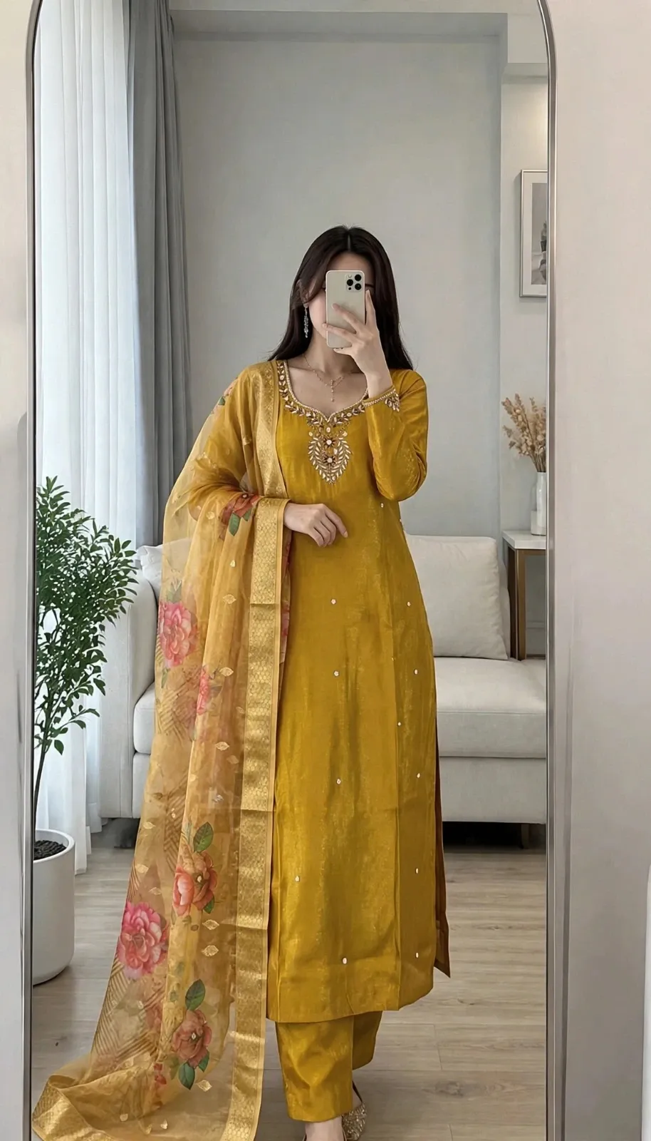 Premium Festival Wear Riyon Silk Kurta Set with Floral Dupatta