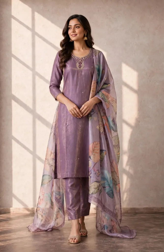 Premium Festival Wear Riyon Silk Kurta Set with Floral Printed Dupatta