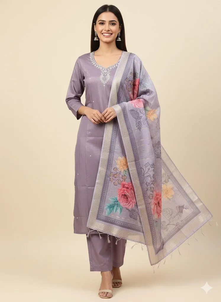 Premium Festival Wear Riyon Silk Kurta Set with Floral Printed Dupatta