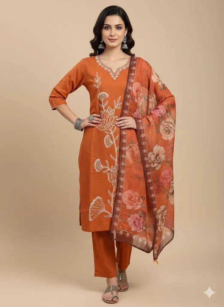 Premium Party & Office Wear Riyon Silk Kurta Set with Floral Dupatta