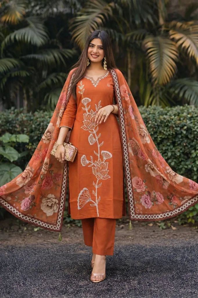 Premium Party & Office Wear Riyon Silk Kurta Set with Floral Dupatta