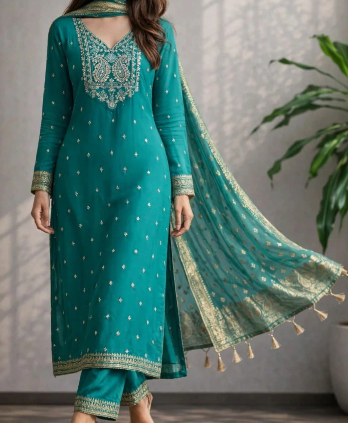 Azure Elegance Premium Printed Cotton 3-Piece Suit Set