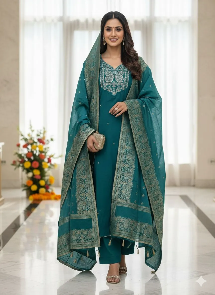 Azure Elegance Premium Printed Cotton 3-Piece Suit Set