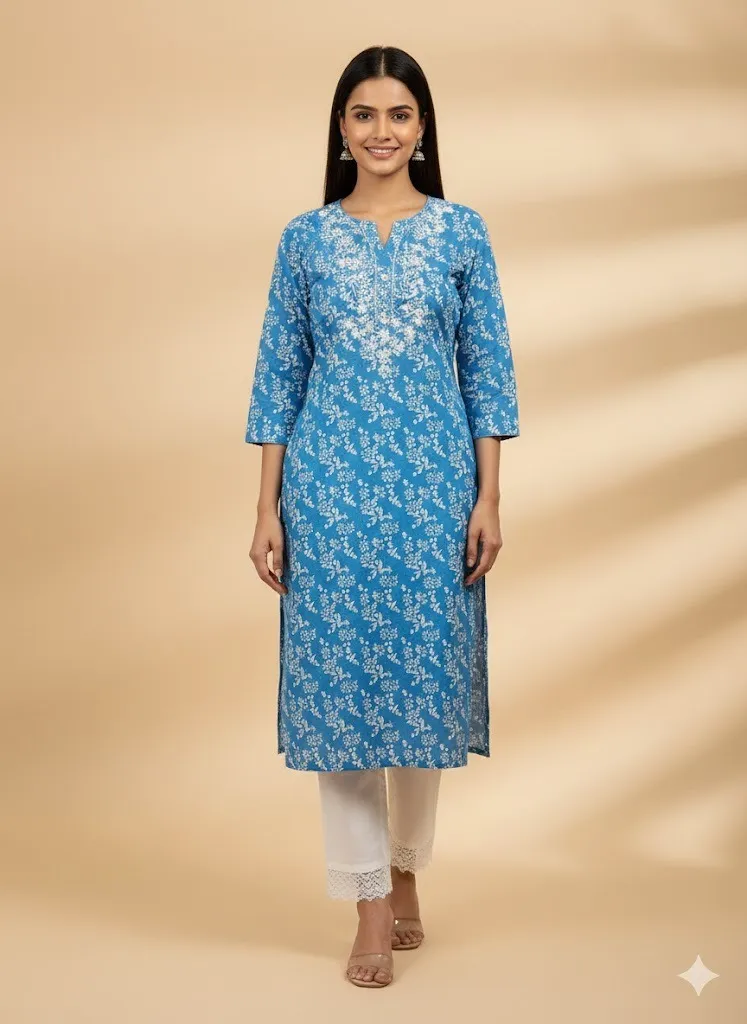 Sky Blue Floral Kurta & Palazzo Set — Effortless Everyday Elegance
