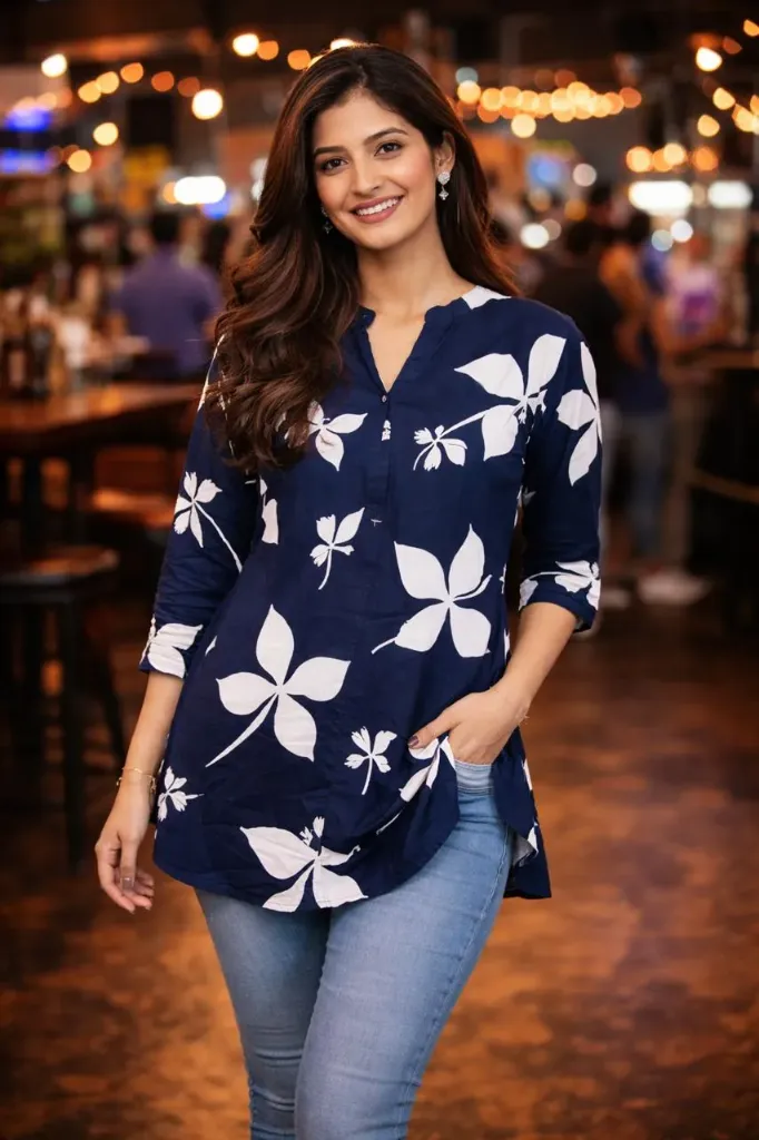 Navy Blue Floral Printed Tunic Top — Casual Chic Comfort