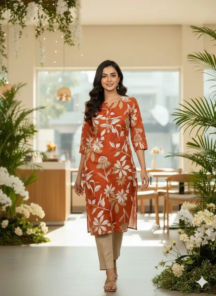 Rust Floral Luxe Cotton Straight Kurti