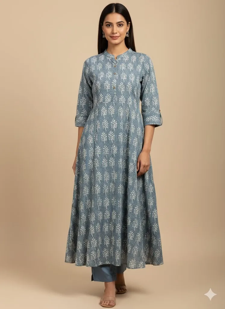 Steel Blue Printed Anarkali Kurta — Graceful Ethnic Flow