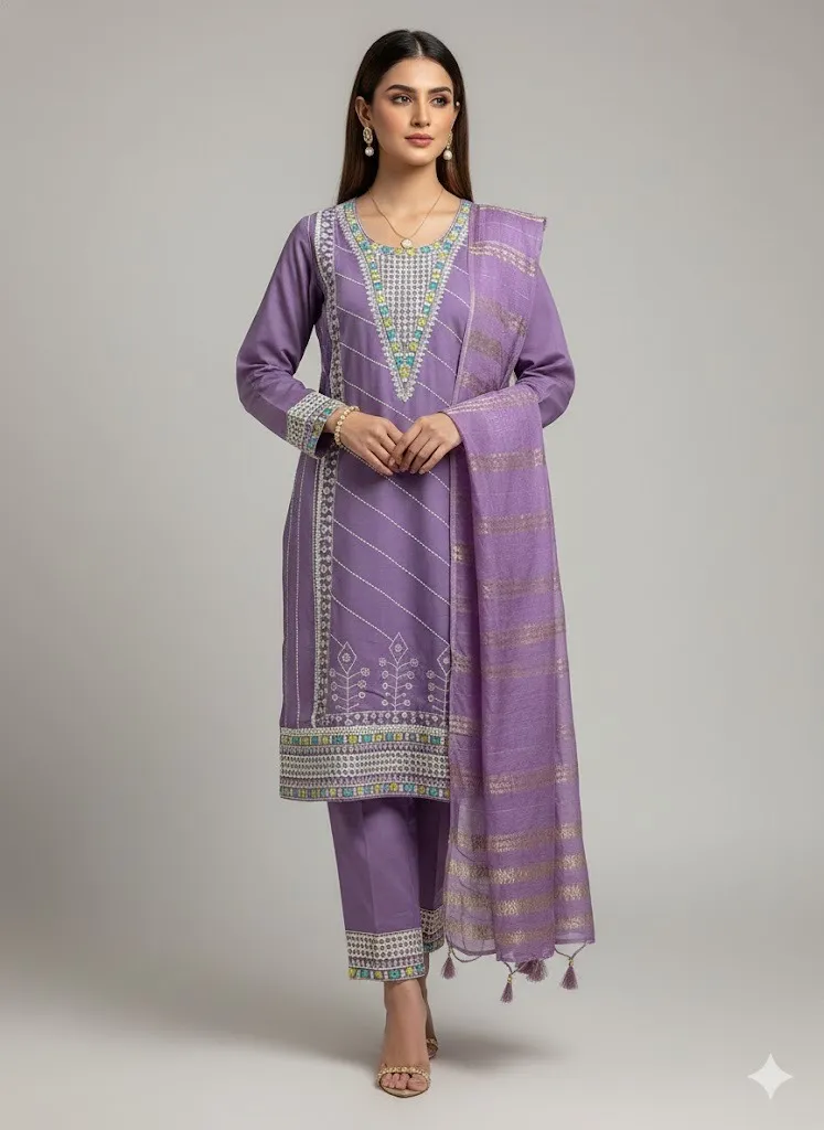 Lavender Embroidered Kurta Set with Dupatta — Festive Royal Elegance