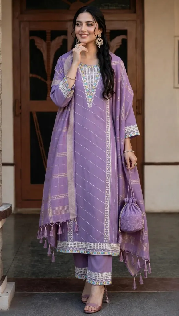 Lavender Embroidered Kurta Set with Dupatta — Festive Royal Elegance