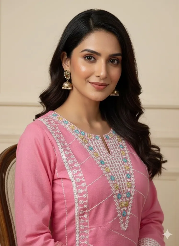 Blush Pink Embroidered Luxe Cotton Kurti Pant Dupatta Set