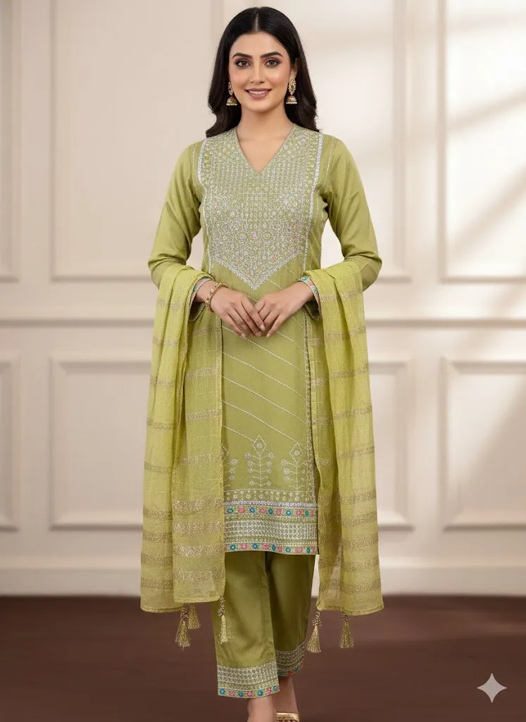 Olive Green Embroidered Kurta Set with Dupatta — Elegant Festive Wear