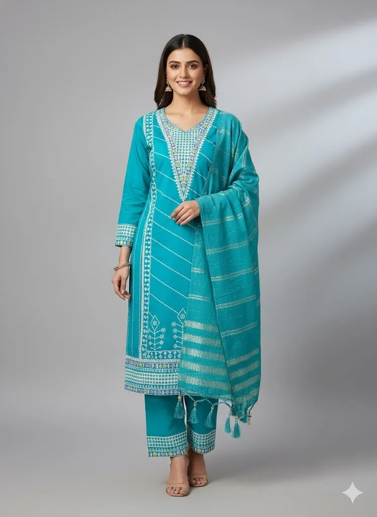 Turquoise Embroidered Kurta Set with Dupatta – Premium Festive & Ethnic Wear for Women