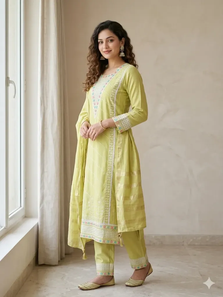 Pista Green Embroidered Luxe Cotton Kurti Pant Dupatta Set