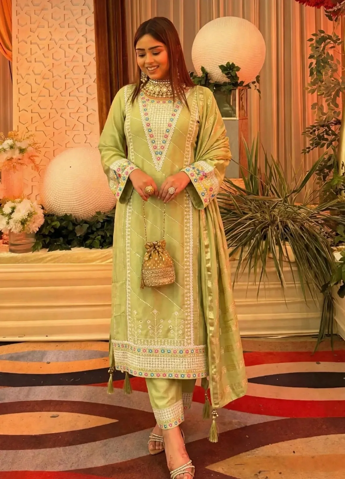 Pista Green Embroidered Luxe Cotton Kurti Pant Dupatta Set
