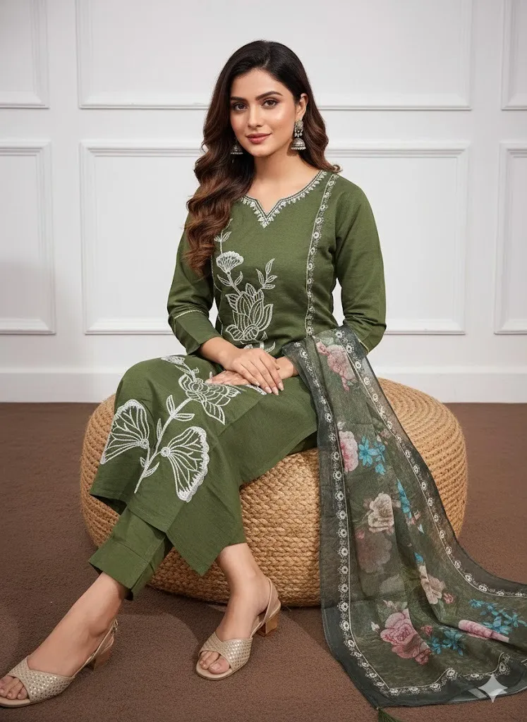 Olive Green Floral Embroidered Premium Cotton Kurti Pant Dupatta Set