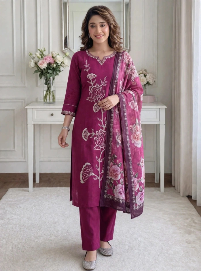 Wine Pink Floral Embroidered Premium Cotton Kurti Pant Dupatta Set