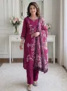 Wine Pink Floral Embroidered Premium Cotton Kurti Pant Dupatta Set