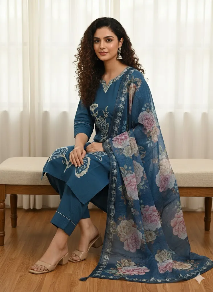 Teal Blue Floral Embroidered Premium Cotton Kurti Pant Dupatta Set