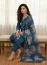 Teal Blue Floral Embroidered Premium Cotton Kurti Pant Dupatta Set