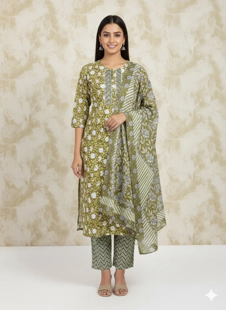 Olive Green Floral Heritage Kurta Set with Dupatta
