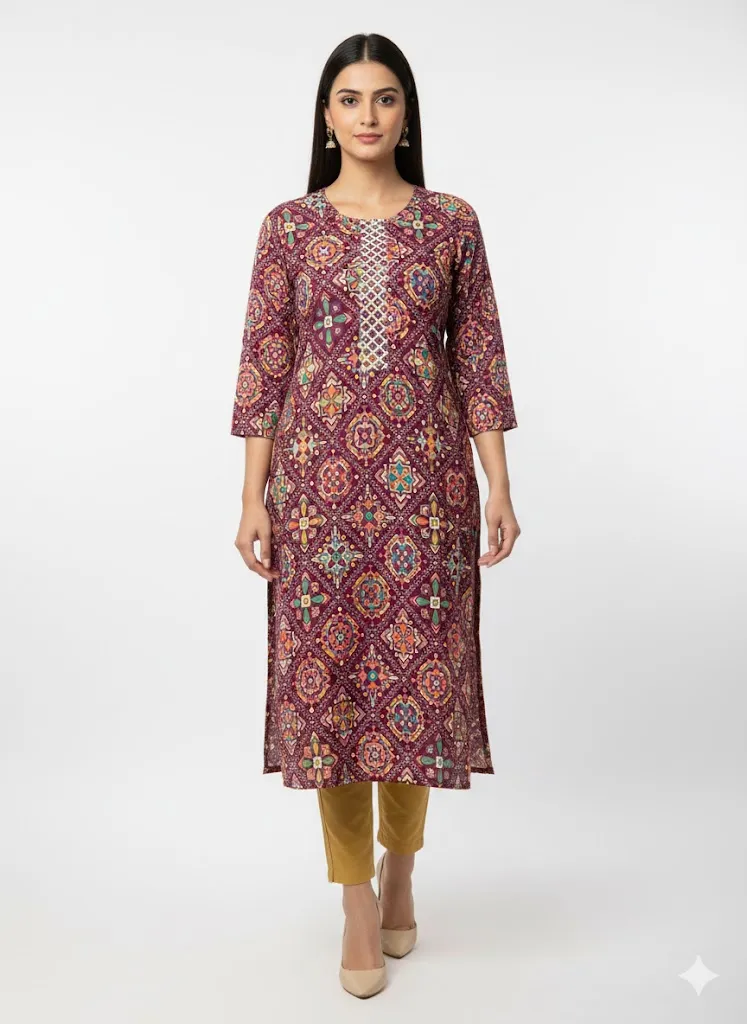 Royal Heritage Printed Rayon Straight Kurti (S)