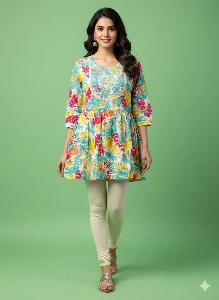 Blooming Grace Printed Rayon Short Kurti (S)